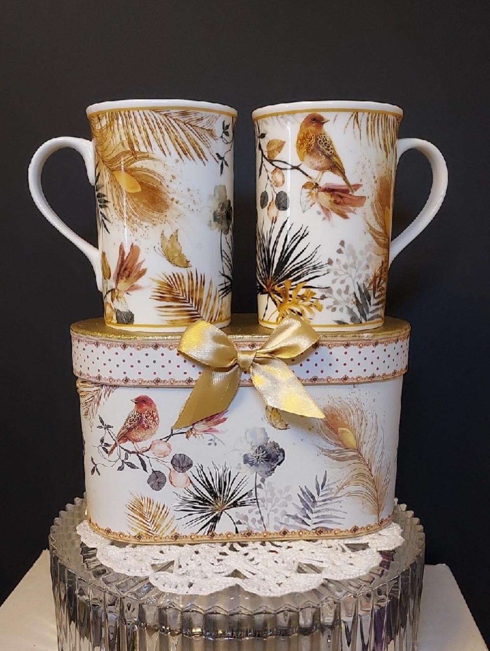 Lightahead Mug Set with Gift Box 2 Mugs Bone China Birds & Feathers